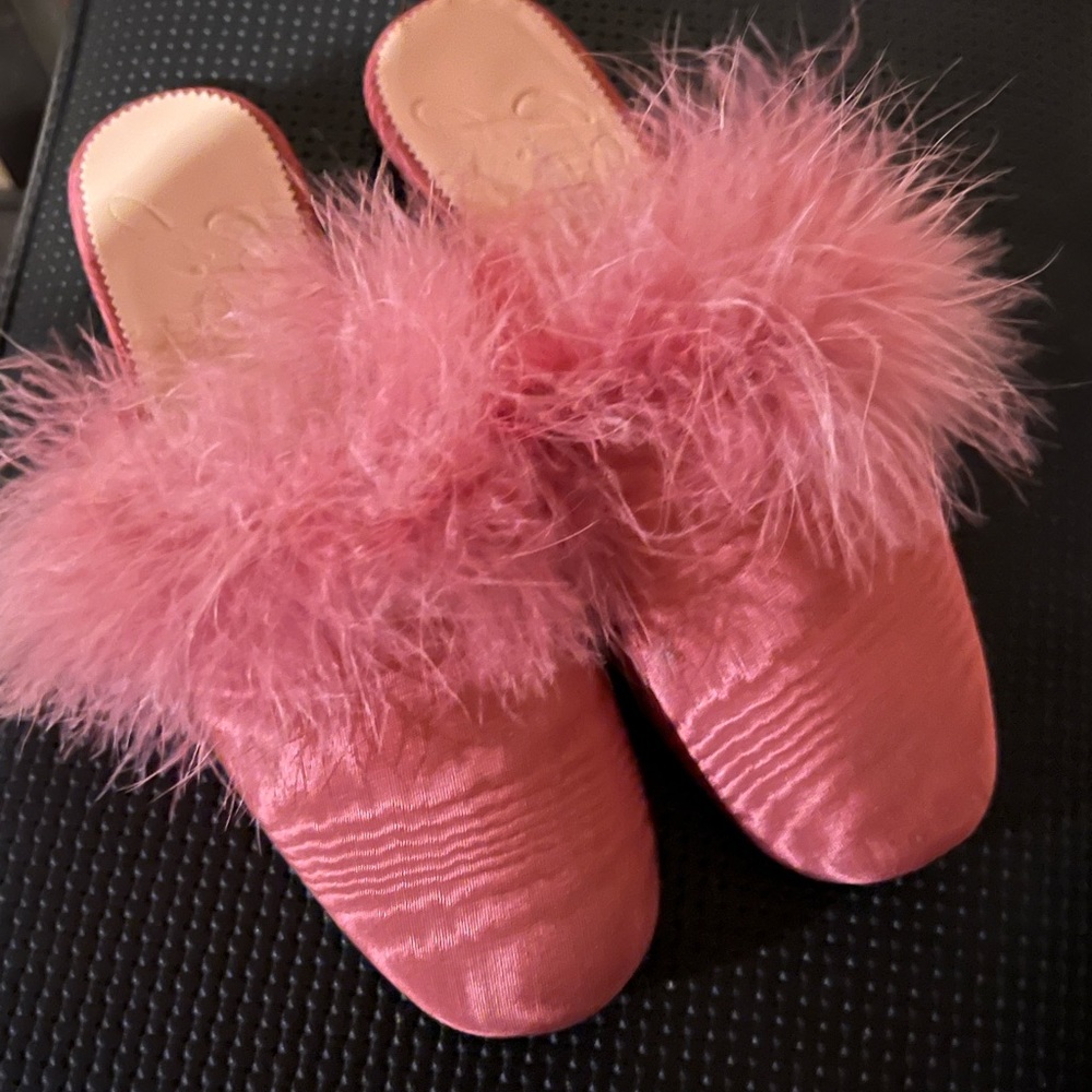 J. Crew Pink Feather Trim Satin Slide Flats